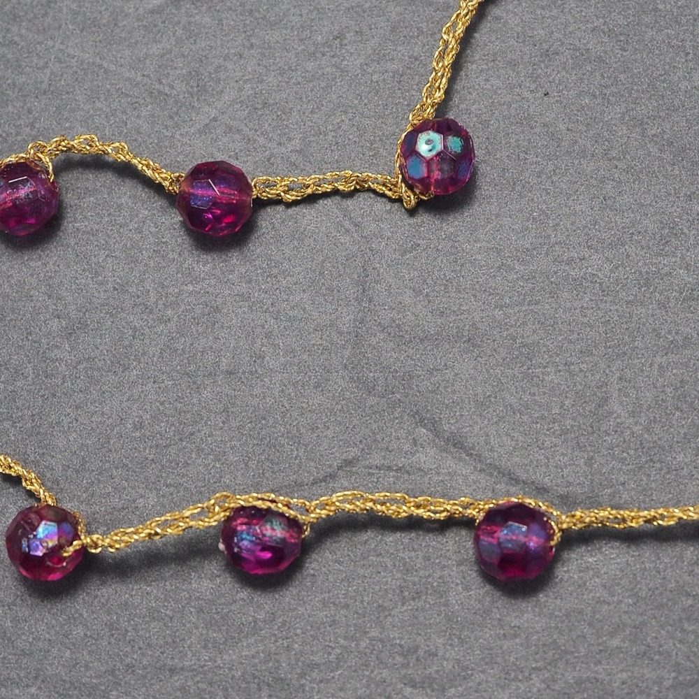 Endless Station Necklace Womens AB Purple Beaded Gold Metalic Cord Layering 64" - Picture 5 of 7